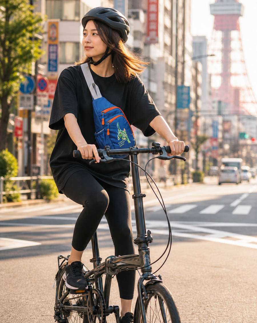 朝の東京タワーを背に自転車に乗る女性・ロイヤルブルーのNEKONI SLINGバッグ