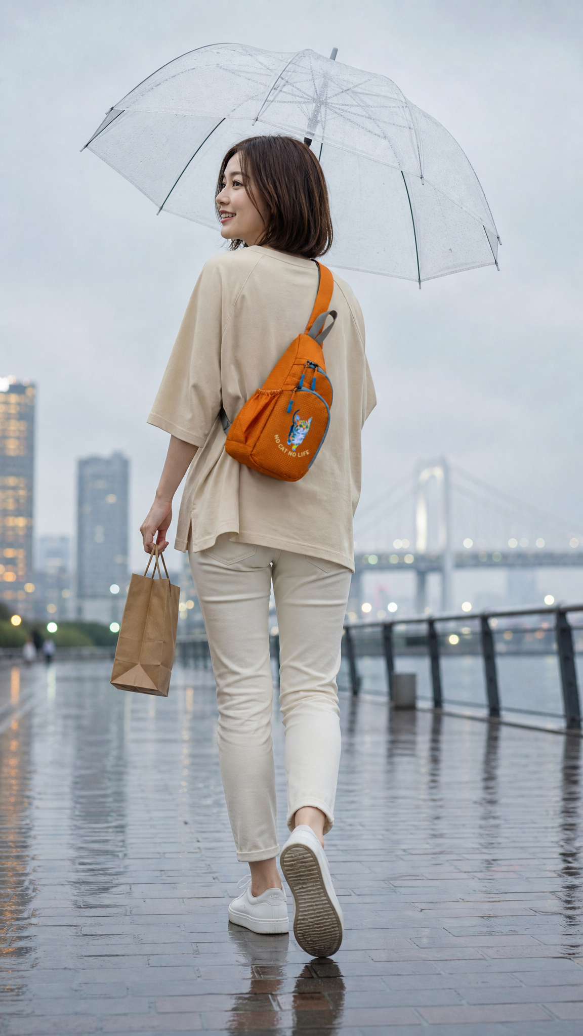 NEKONI SLING を肩にかけた雨の日のおでかけ